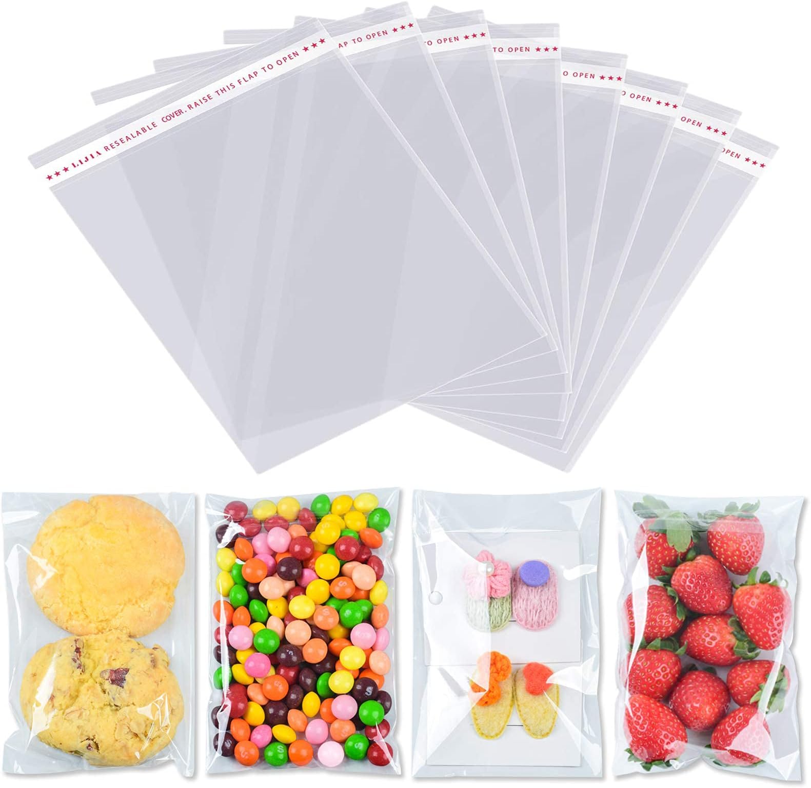 NALACALClear Cellophane Bags, 100 Pcs Large Resealable Self-Adhesive Food Grade Sealing Treat Bags OPP Plastic Bag for Candy, Soap, Cookie, Chocolates, Lollipop, Bulk, Snacks, Bread 10 x 18 cm