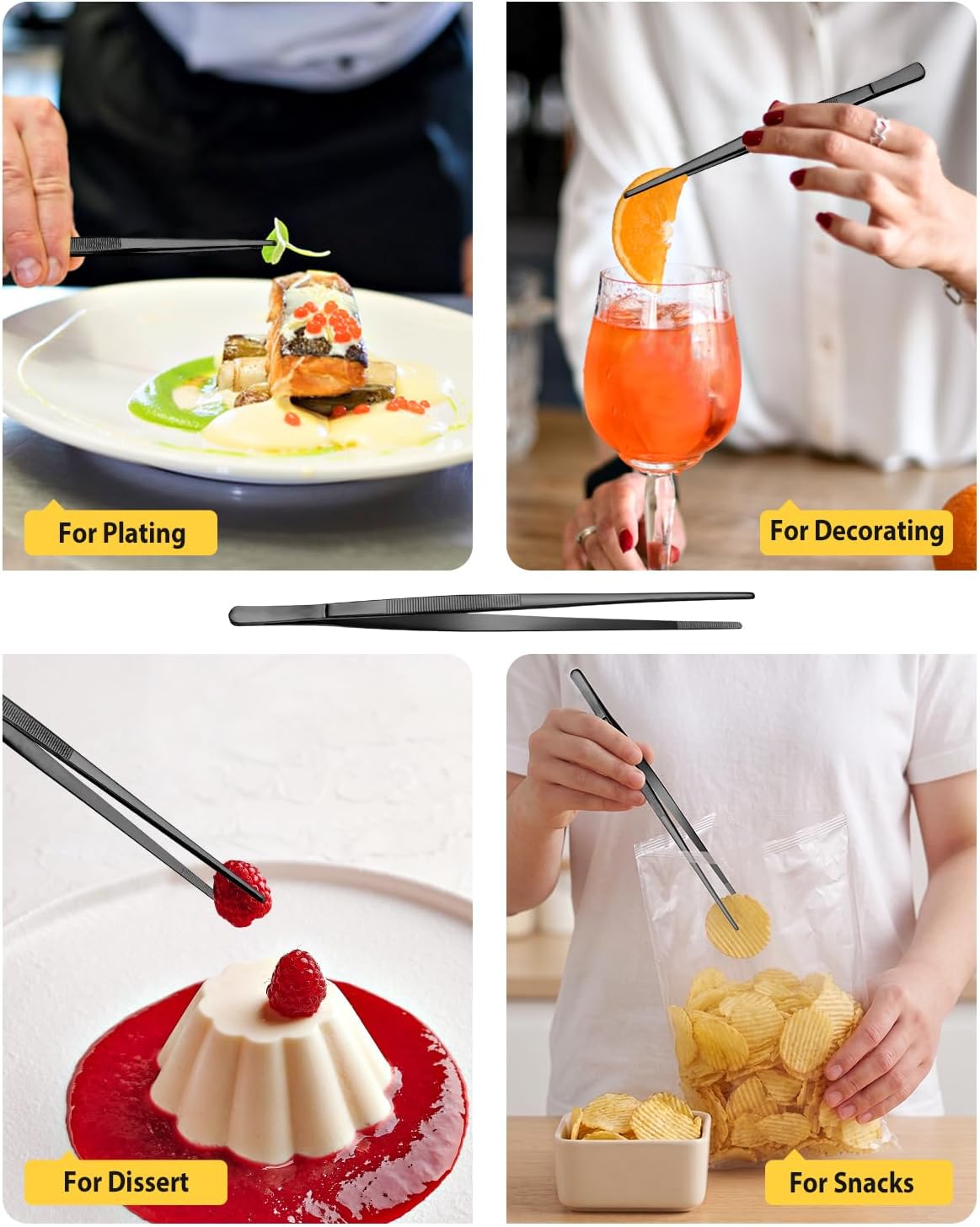 4 Pcs Fine Long Tweezer Tongs Professional Black, 12'' and 10'' Stainless Steel for Kitchen, Food, Cooking, Repairing, Sea food and BBQ