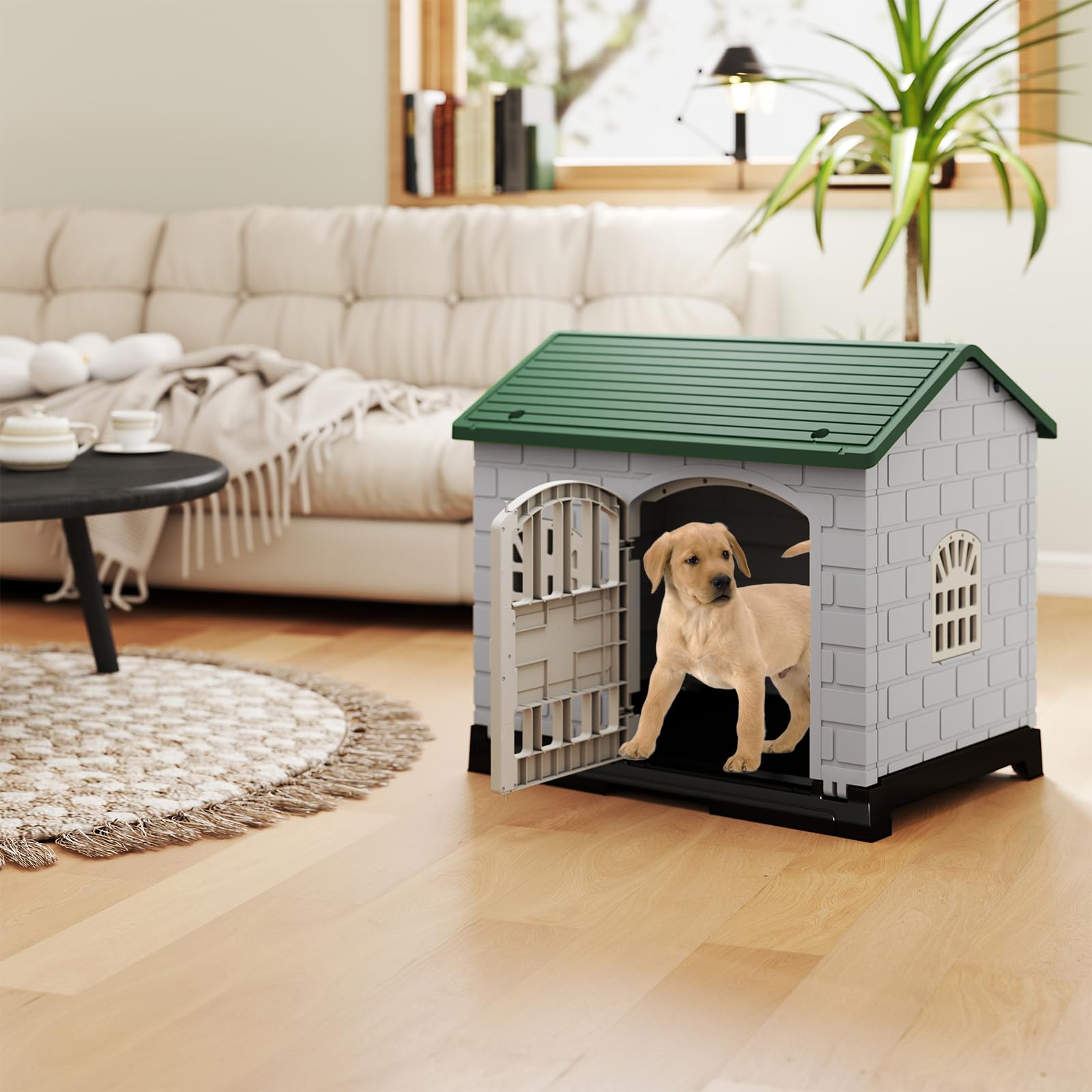 COSTWAY Cuccia per Cani da Esterno ed Interno, Casetta Impermeabile e Ventilata con Vassoio Toilette Rimovibile, Porta Bloccabile, 3 Finestre e Tetto a Pendenza, per Cani di Piccoli e Gatti (Verde)