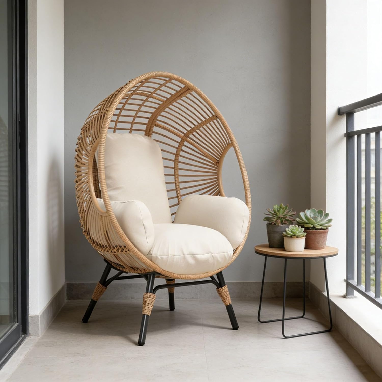 Egg Chair Wicker Balcony Chairs, 400lbs Capacity, Indoor Outdoor, 8-Inch Comfort Cushion(Natural)
