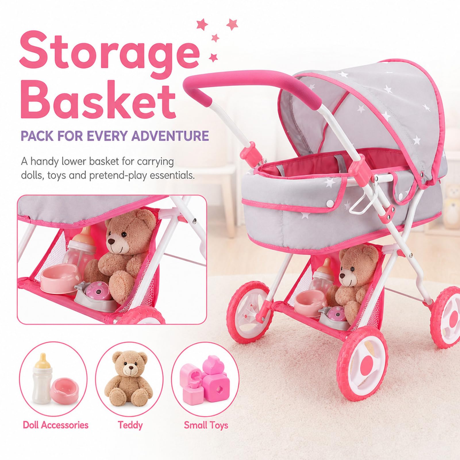 Bebamour Set passeggino 2 in 1 con culla rimovibile e giocattoli per bambini piccoli (grigio)