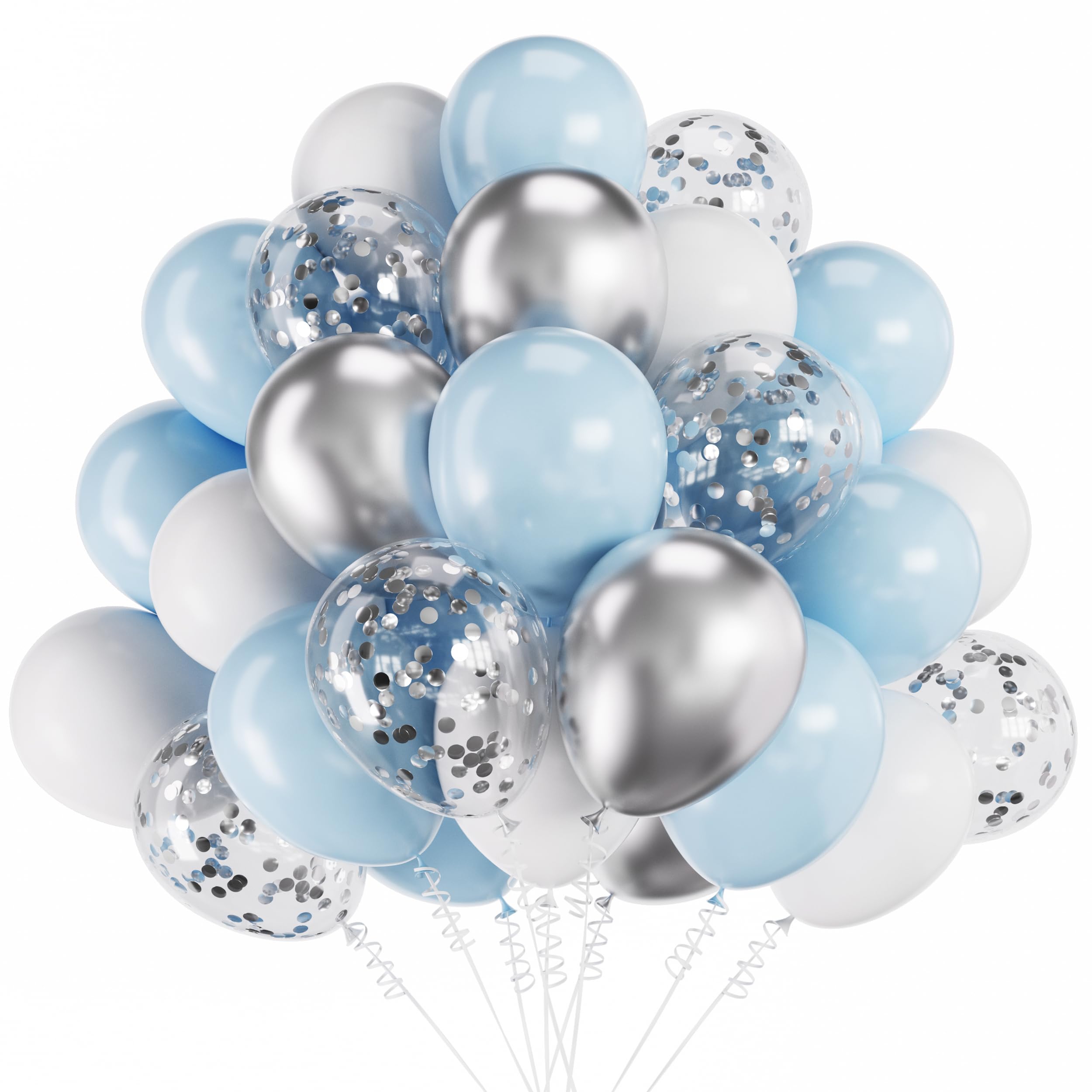 60Pcs Light Blue Silver White Confetti Balloons Metallic Latex Balloons Kit For Gender Reveal Wedding Birthday Party Decorations