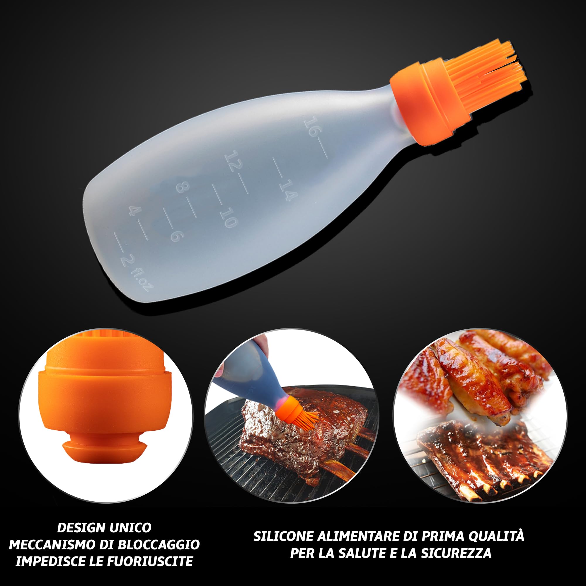 Spazzola in silicone per cucinare, Dispenser di olio con pennello, spazzola per olio tutto in uno, spazzola per barbecue, mocio per barbecue, spazzola per salsa, strumenti per grigliare (arancione)