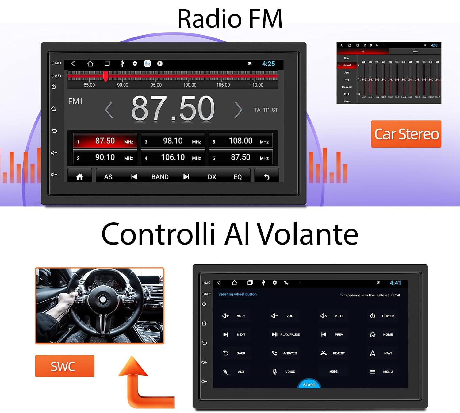 Autoradio 2 DIN 7 Pollici Android con GPS, WiFi, Bluetooth, Touch Screen – Stereo Auto Universale con Radio FM, Lettore MP5, USB, Mirror Link – 4GB RAM 64GB