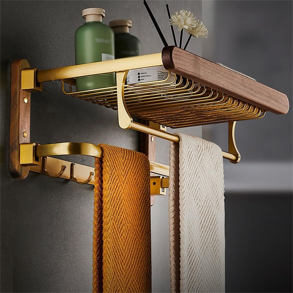 FMURY Bathroom Folding Bath Towel Rack Solid Wood Towel Rack Bathroom No Hole Space Aluminum Storage Placement image 2