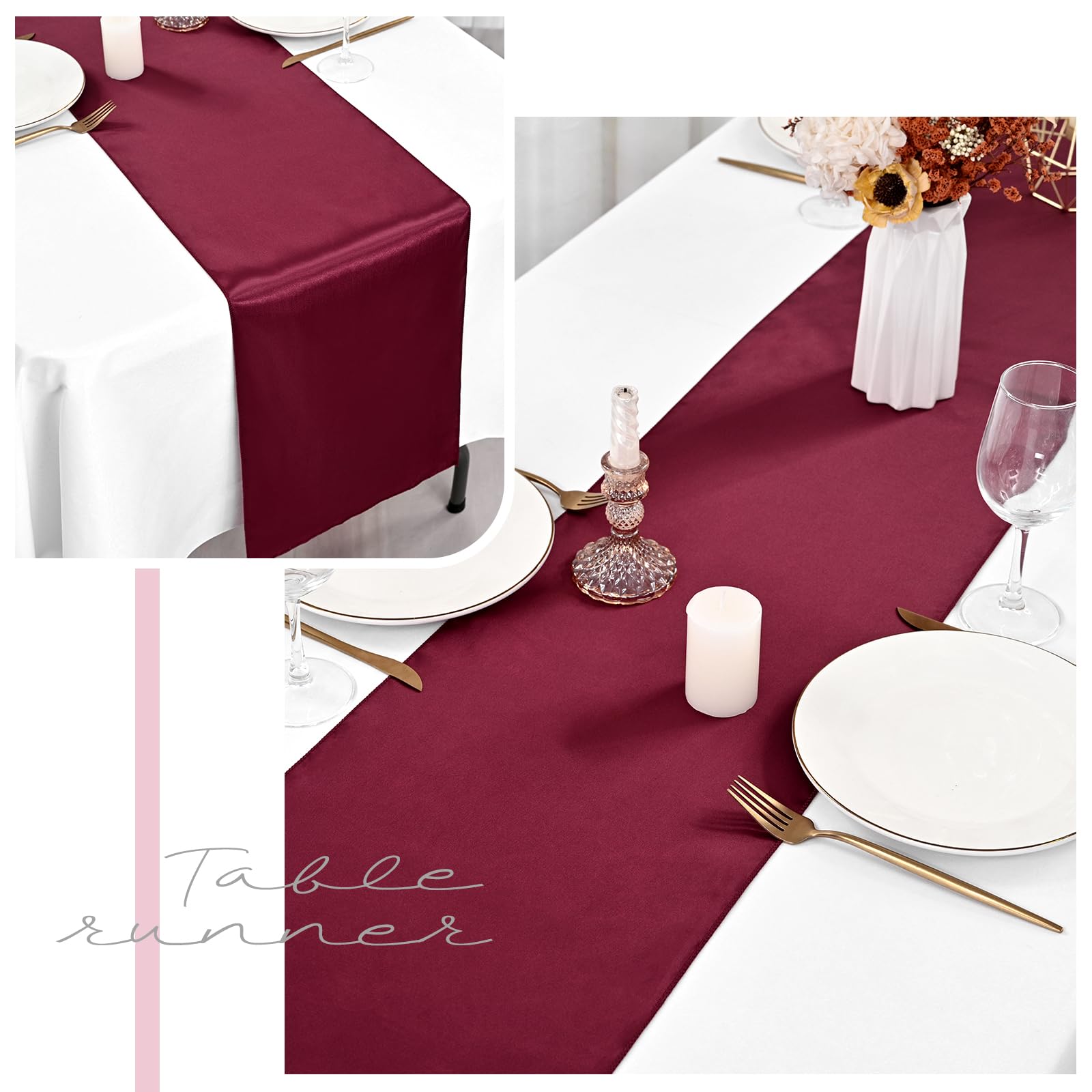 Satin-Tischläufer für rechteckige runde Tische, burgunderrot, 30,5 x 274,4 cm, Burgunderrot, Tischläufer für Hochzeit, Geburtstag, Bankett, Verlobung, Party-Dekoration, 20 Stück