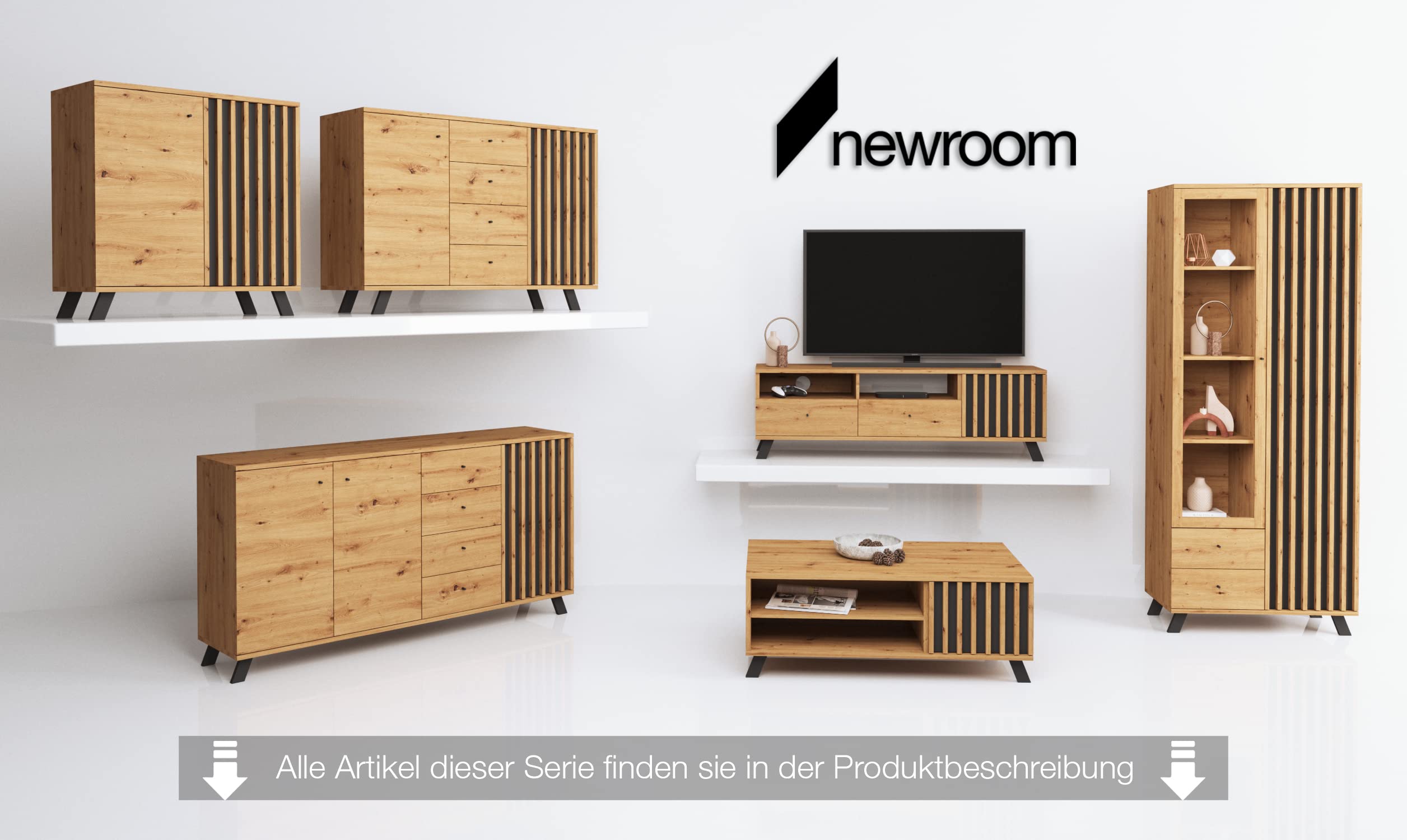 Newroom Sideboard Wildeiche Anthrazit Sideboard Modern Vintage - 160x85x40 cm (BxHxT) - Highboard Anrichte - [Barea.Three] Wohnzimmer Schlafzimmer Flur Esszimmer