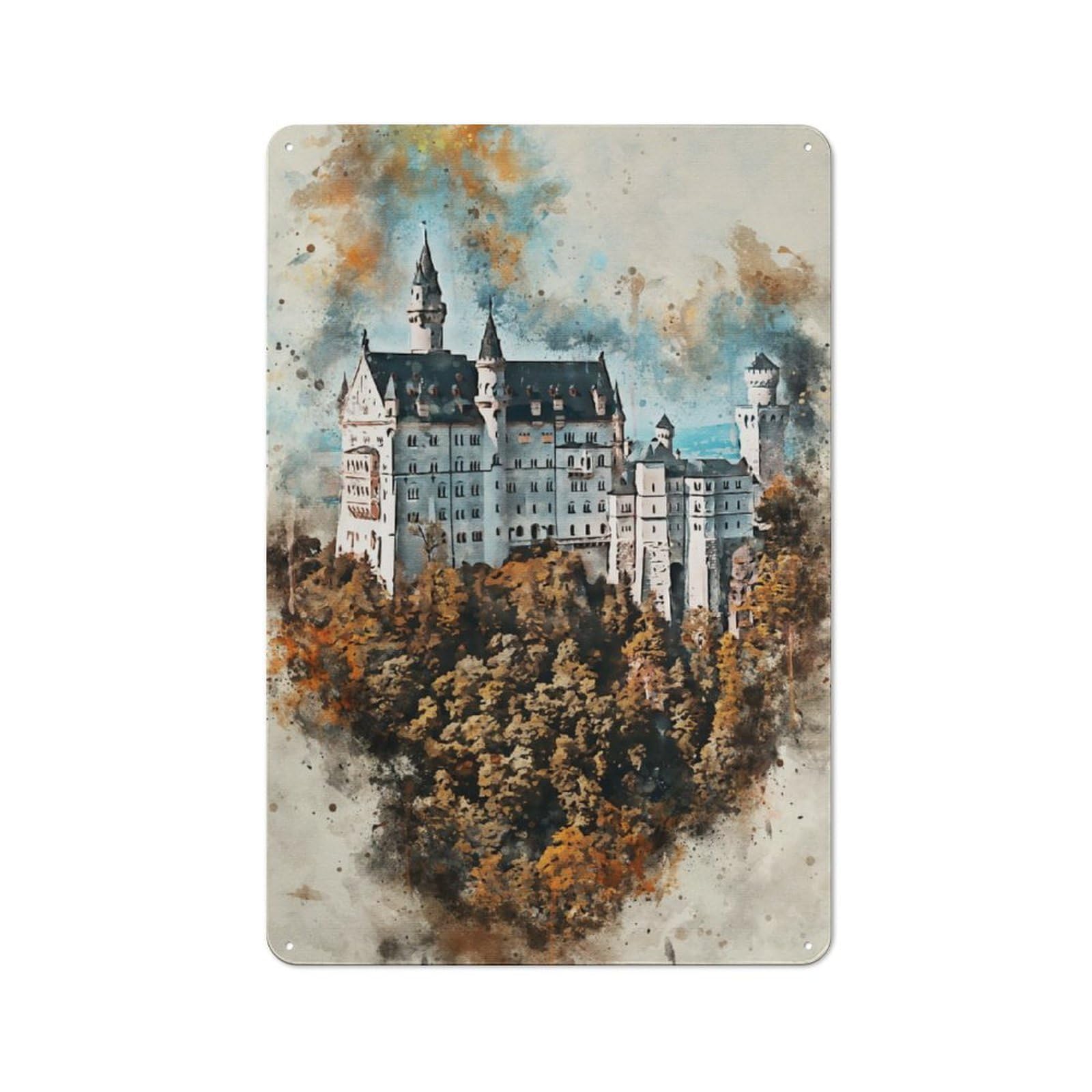 Junmoney Neuschwanstein Watercolor Retro Tin Wall Plaque 30X20cm For Home Office Or Studio, Wall Decoration For Home Offices And Studios