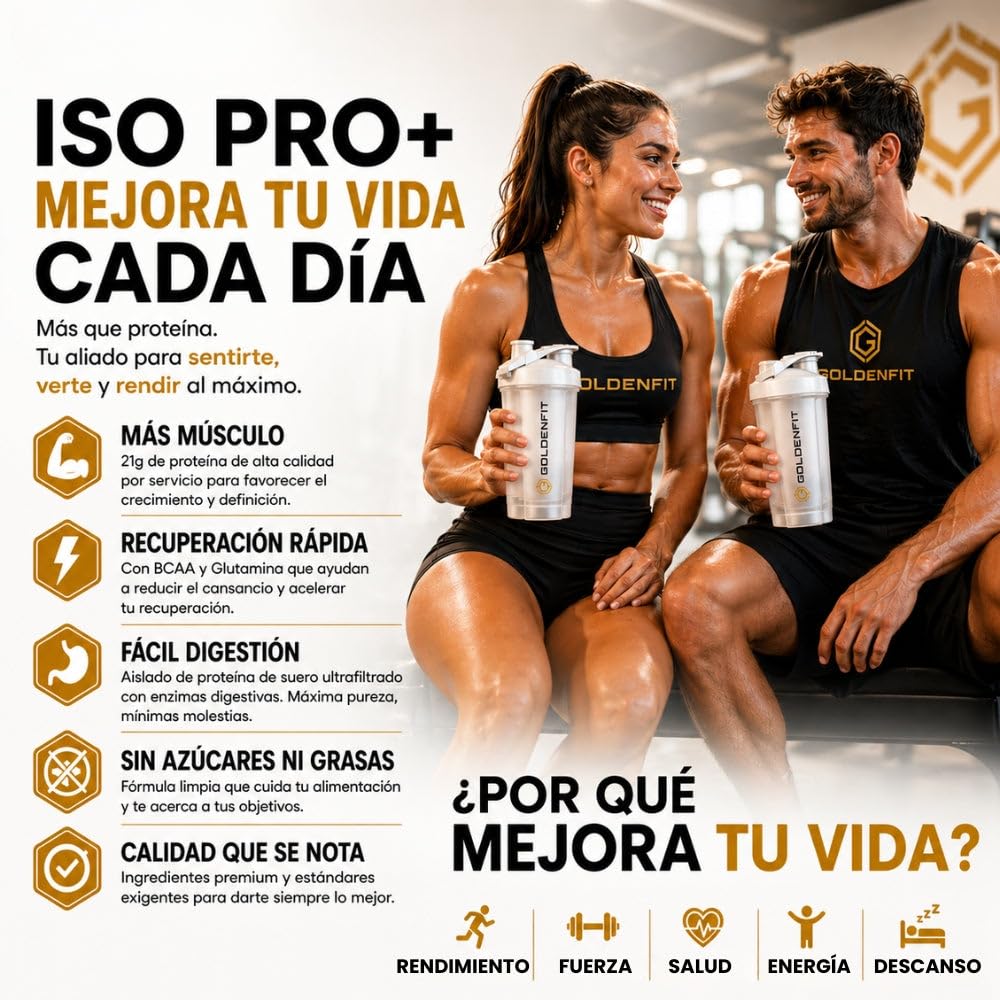 GoldenFit ISO PRO+ Proteína Whey Isolate Choconut 1kg — Aislada de Suero 84%, 21g de proteína por dosis (40 dosis) con BCAA, glutamina, creatina y enzimas digestivas