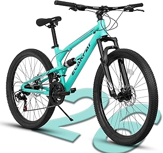 Mountain Bike 26 Inch Wheel, Dual Full Suspension 21-Speed Disc Brakes Thumb Shifter, Carbon Steel Frame Mountain Bike, Mens Womens Trail Commuter City Bicycles
