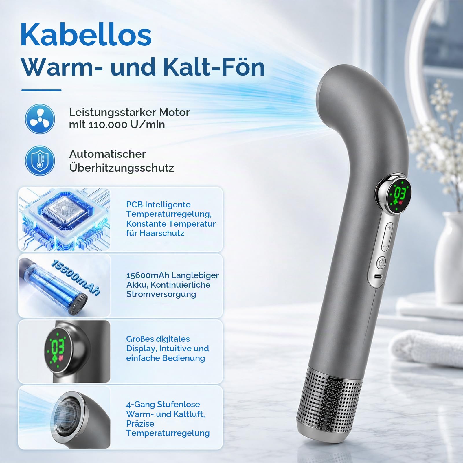 Kabelloser 300W Akku Haartrockner, Kabelloser Fön mit Akku, 4 Geschwindigkeiten & 3 Temperaturen Reisefön, 12600 mAh Reisefön Kabellos mit Bildschirm, Reiseföhn für Reisen, Camping