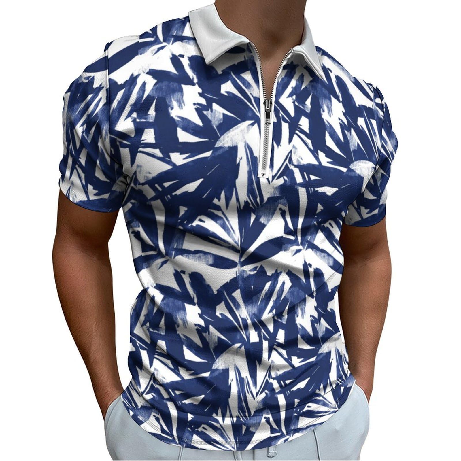 Mens Floral Printed Hawaiian Polo Shirts Zipper Short Sleeve Golf Shirt Moisture Wicking V Neck Casual Slim T