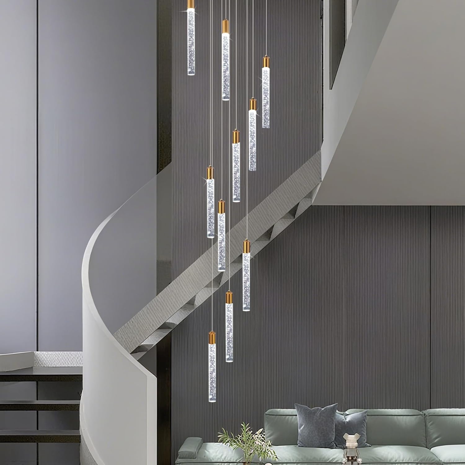 GEADI Modern LED High Ceiling Chandelier with Remote Control,10 Lights Crystal Foyer Chandeliers for High Ceilings,Gold Dimmable Long Pendant Light for Staircase Entryway Living Room