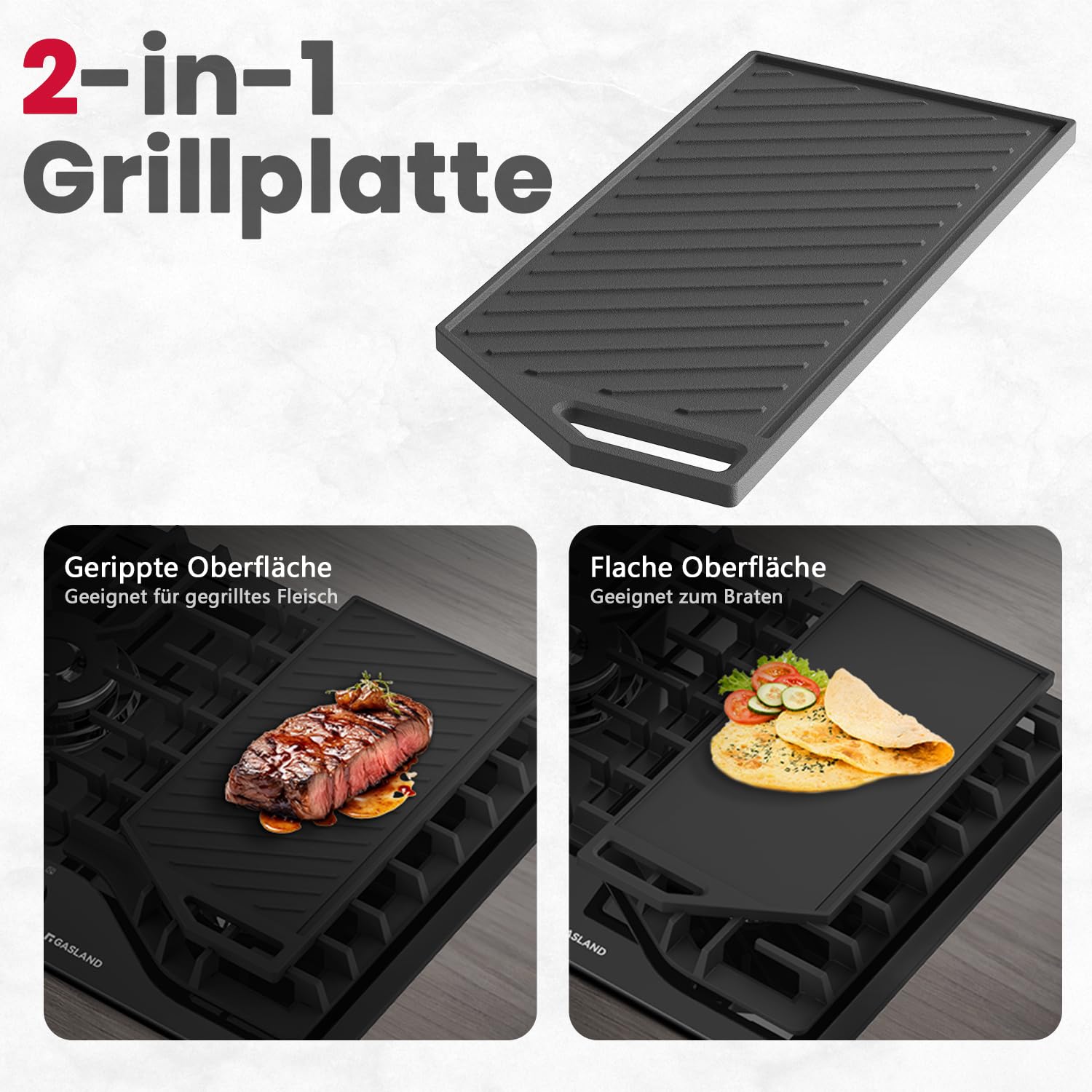 GASLAND GD-S20C Grillplatte, Grillpfannen für Gaskochfelder, Gusseisen, Rostschutz, Zubehör, Grillschale