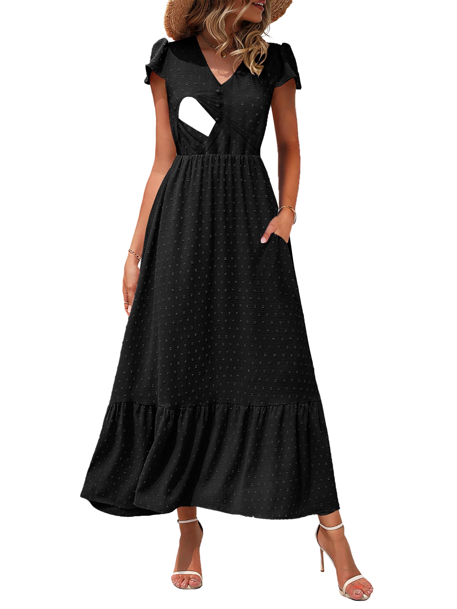 CzzzyL Women Nursing Dresses Cap Short Sleeve V Neck Swiss Dot with Pockets