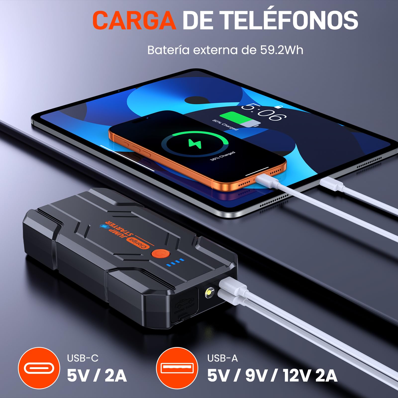 Arrancador de Baterias de Coche 𝟏𝟒.𝟖𝐕- 𝟖𝟎𝟎𝟎𝐀 Jump Starter para Motor 9.0L Gas o 8.5L Diesel, Power Bank Portátil con Carga Rápida QC3.0, Linterna LED y Pinzas Inteligentes