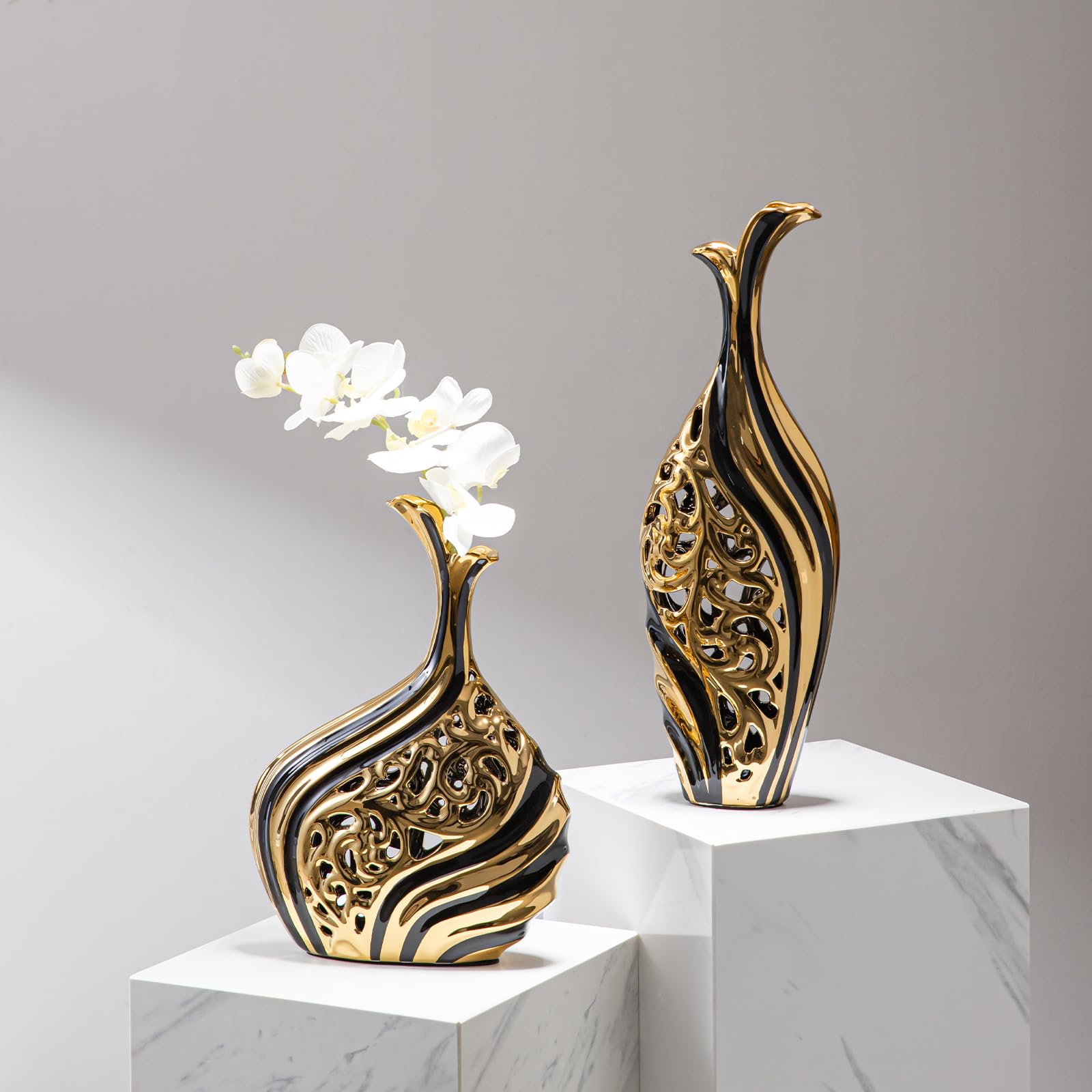 Set Di 3 Grandi Vasi Da Pavimento Oro - Altri 49,8 Cm In Ceramica Con Design Pieghettato - Perfetti Per Erba Della Pampa E Decorazione Boho - 2