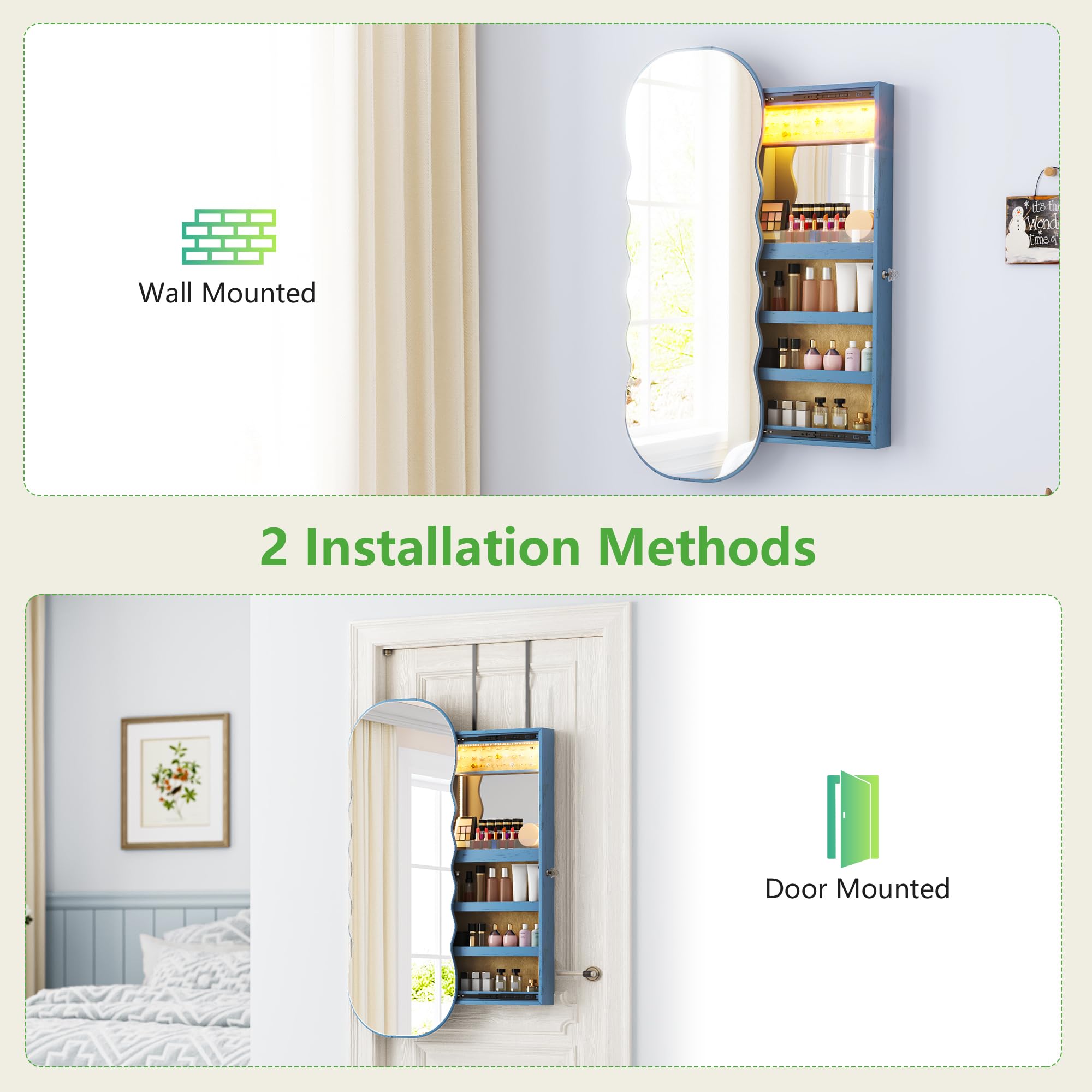 HNEBC LED Mirror Jewelry Cabinet, 47.2" Wall Mounted Jewelry Organizer with Lights, Over The Door Hanging Rounded Jewelry Armoire, Wall Full Length Mirror with Storage, Christmas Gifts,Blue