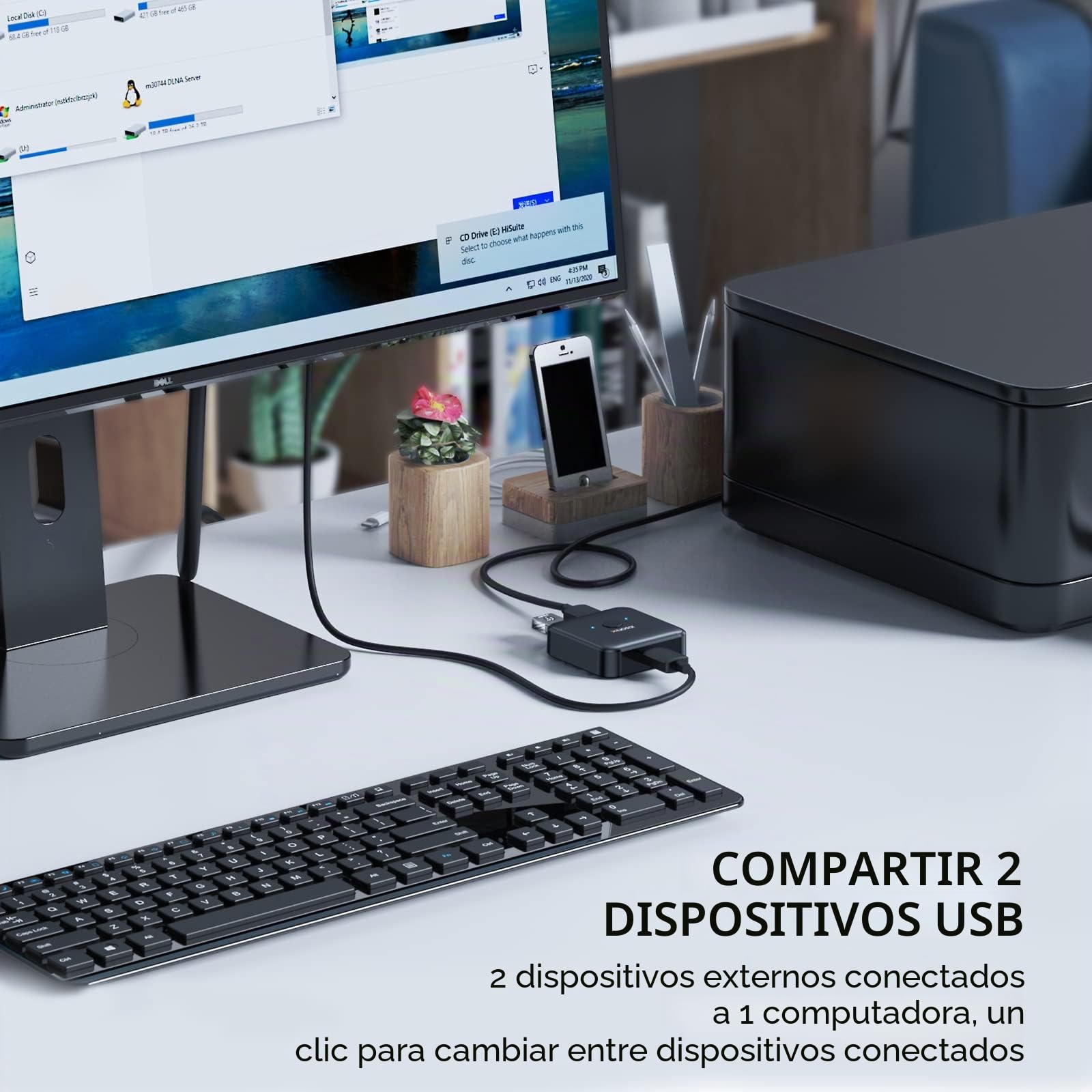 iDsonix USB 3.0 Selector de Interruptor, USB Switch 2 en 1 Salida (1 en 2 Salida) Bidireccional 2 USB Sharing Switch para PC, Impresora, escáner, Teclado