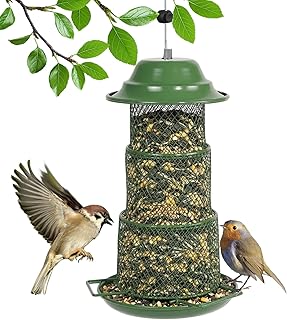 Vogelfutterspender zum Aufhängen, Eichhörnchensicheres Vogelfutterhaus mit Dach aus Metall, 360° Futterzugang, Hängende Vogelfutterstation für Wildvögel, Grün, für Garten & Balkon