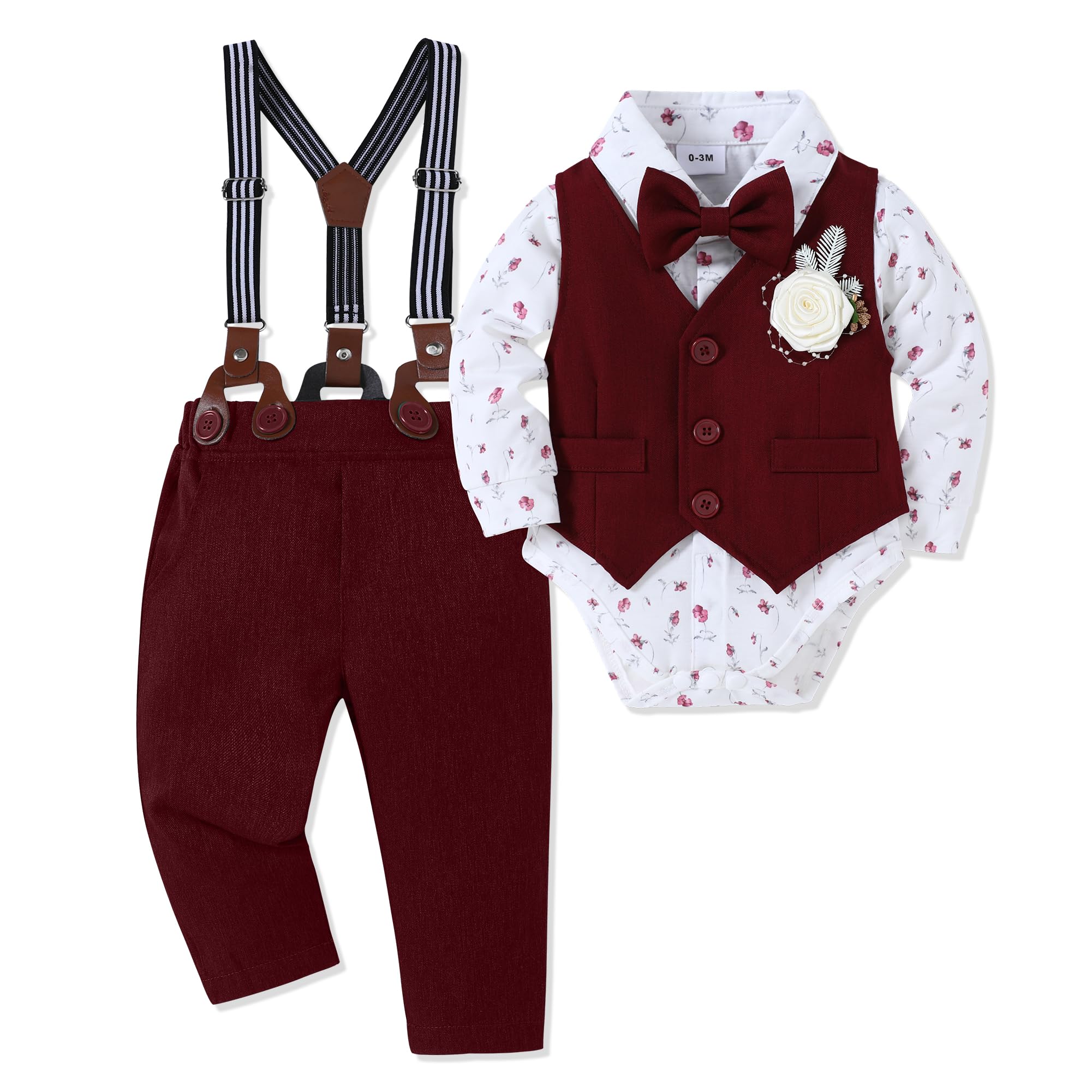 Baby Boy Clothes Suit Infant Gentleman Wedding Outfit Dress Shirt+Bowtie+Vest+Corsage+Suspender+Pants 6Pcs Set 0-24M