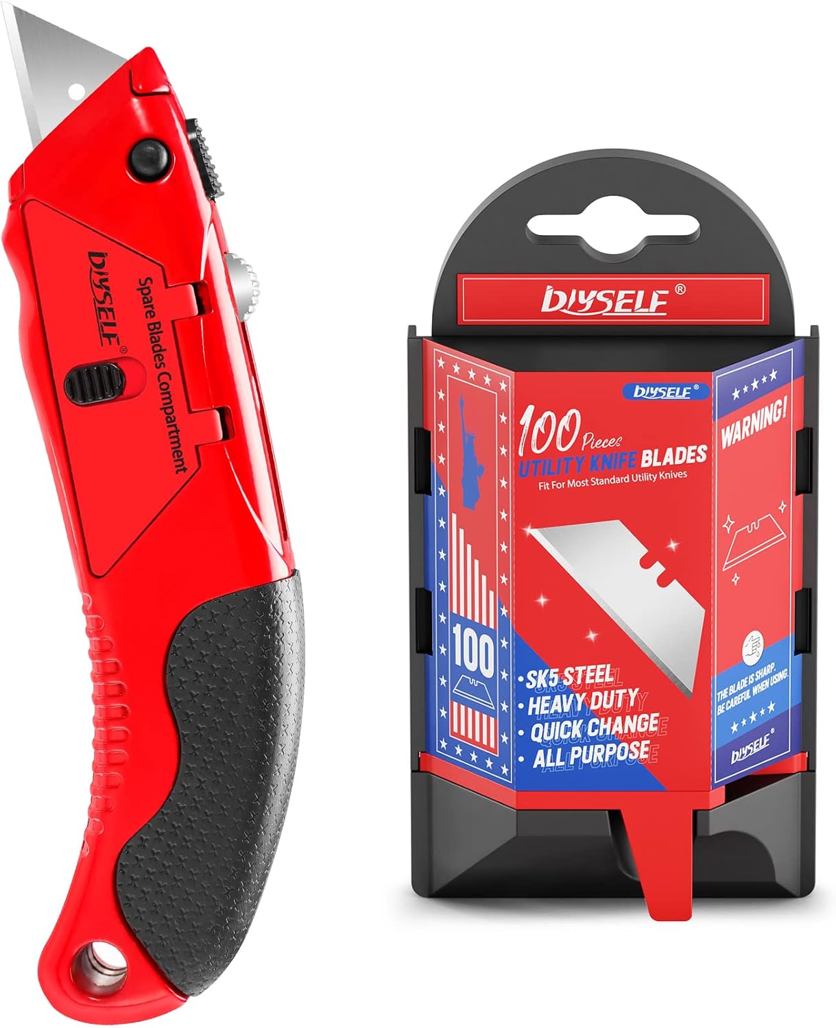 DIYSELE 1 Pack Box Cutters Retractable Heavy Duty ​with 4 PCS Sharp Blades and 100 Pack Utility Knife Blades