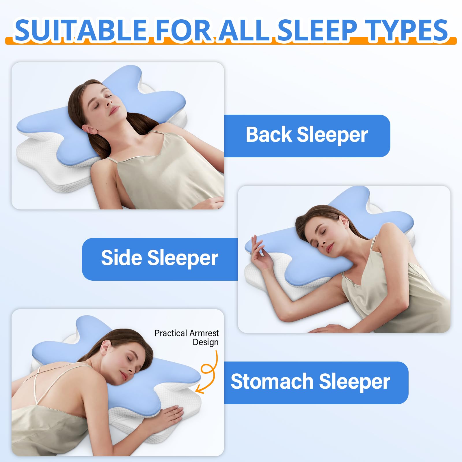 Ehomfory Cuscino Cervicale per Dormire, 2 in 1 Cuscino Ergonomico in Memory Foam, Cuscino per Supporto Cervicale con Federa Sfoderabile e Lavabile, 62x41x9/12 cm (Blu)