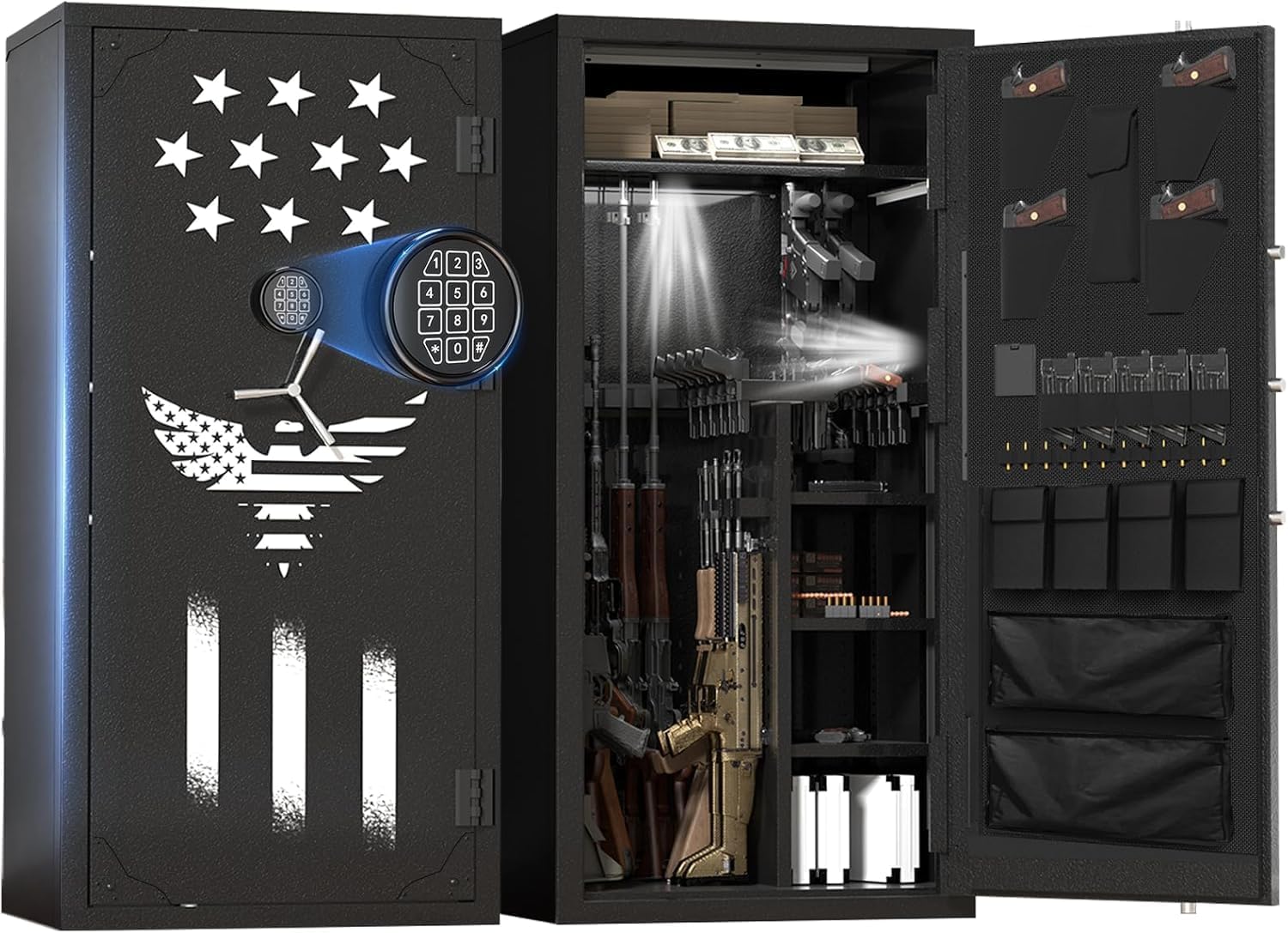2026 Large Rifle Safe, 30-40 Gun Safe for Rifle and Shotgun/Rifle Pistol Rack/Storage Pocket/Removable Shelf/Silent Mode/External Battery/LED,180° Open Door Panel Organizer Gun Cabinet (Black)