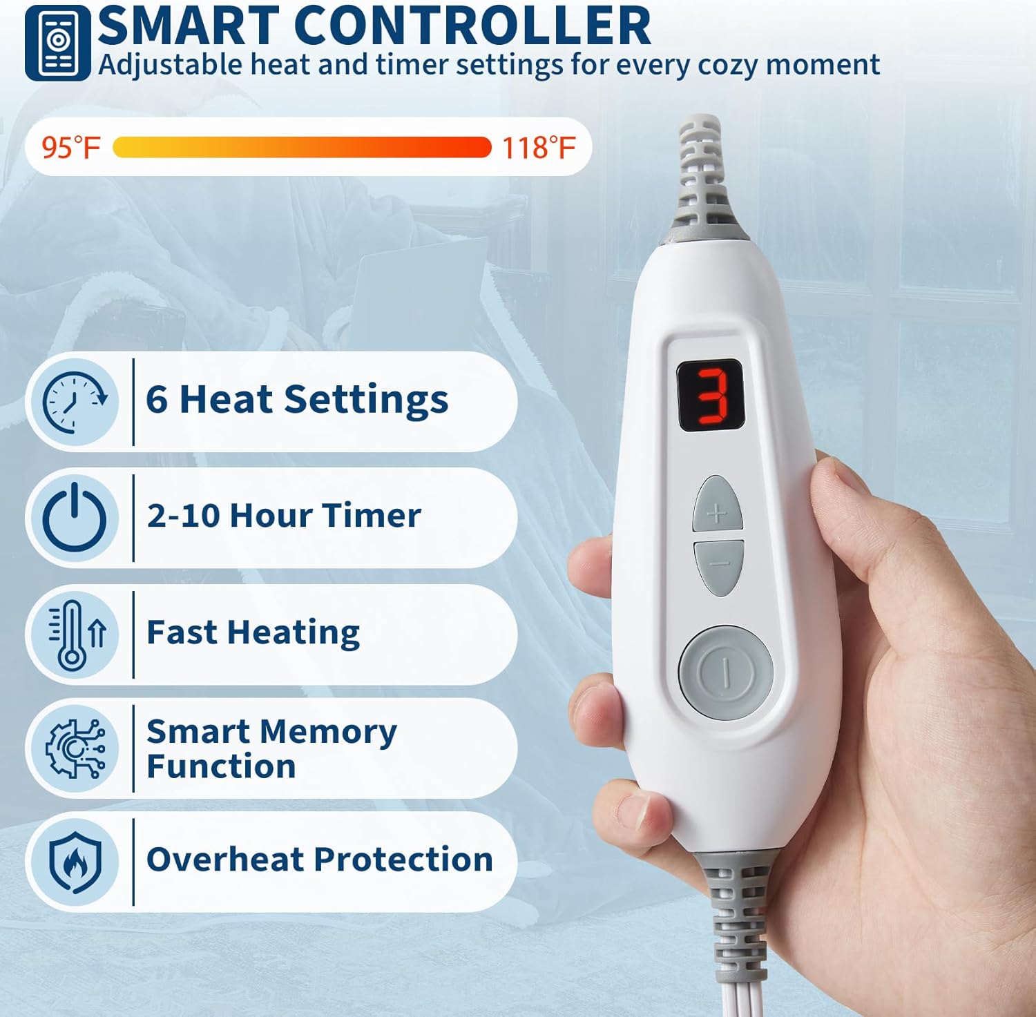 GarveeHome Wearable Heated Blanket with Foot Pocket & Sleeves, Electric Snuggle Throw Blankets, Flannel & Sherpa, 6 Heat Settings & 2–10 H Auto Shut-Off, 50"×70"+18", Grey - Image 3