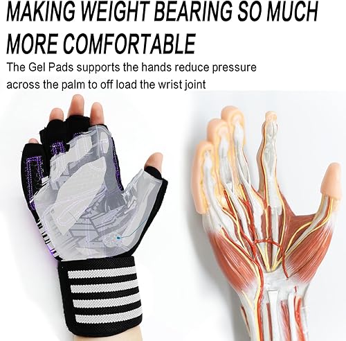 Miniatura 6 de Guantes de levantamiento de pesas para mujer, entrenamiento de gimnasio con soporte de muñeca, guantes acolchados de medio dedo para ejercicio de