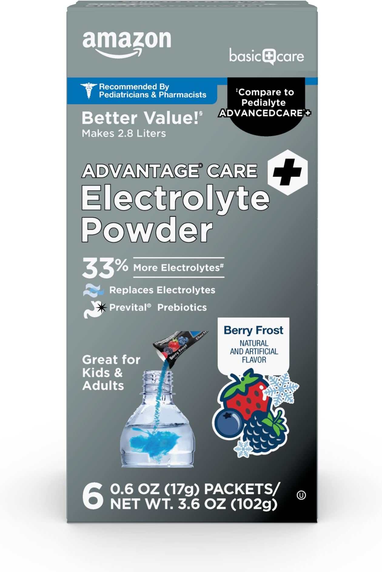 Advantage Care Electrolyte Powder Packets for Rehydration, Berry Frost, 6 Count