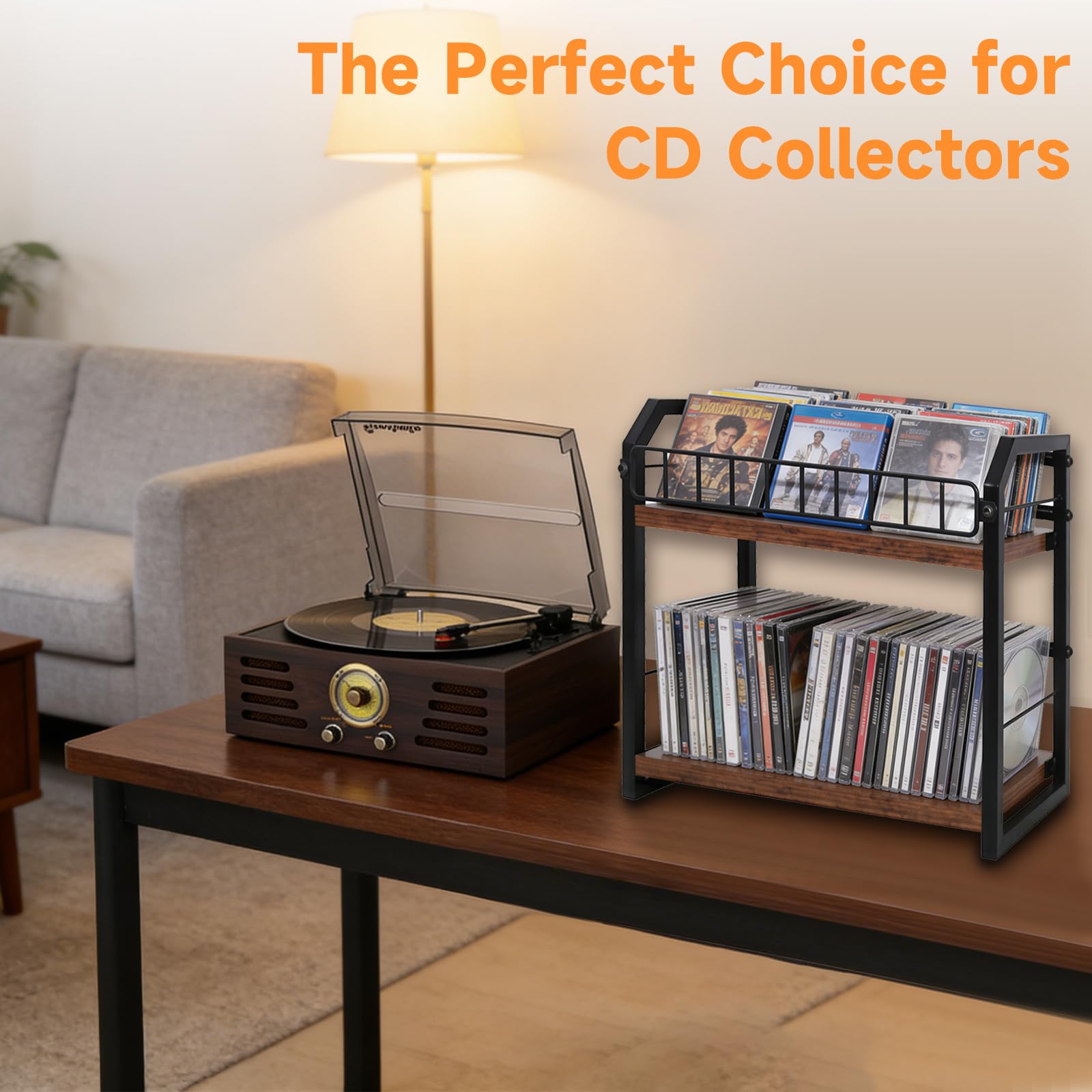 2-Tier CD Storage Rack & Tower, Vinyl Record & CD Holder with Display Shelf, Industrial Retro Wood & Iron Organizer for LPs, CDs, DVDs, Games, Magazines, Space-Saving Desktop CD Stand — view 7