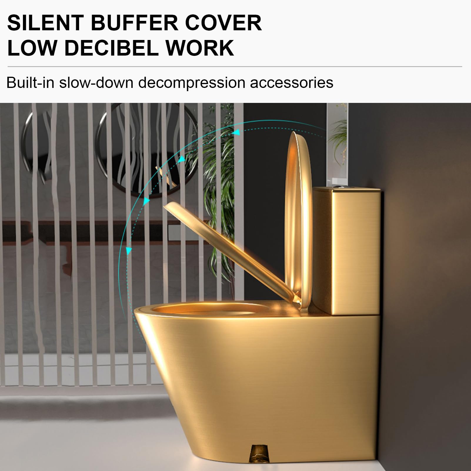 Toilette commerciale in acciaio inossidabile 304,WC di un pezzo ad alta efficienza con risparmio idrico,WC a doppio scarico per il bagno,Con sedile a chiusura ammortizzata (fila di pareti dorate)