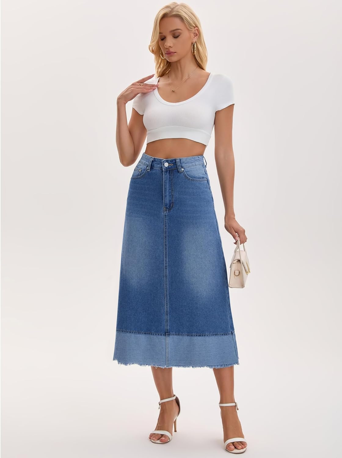 Women's Casual Denim Maxi Skirt High Waist Contrast Panel A Line Long Jean Skirts - Image 3