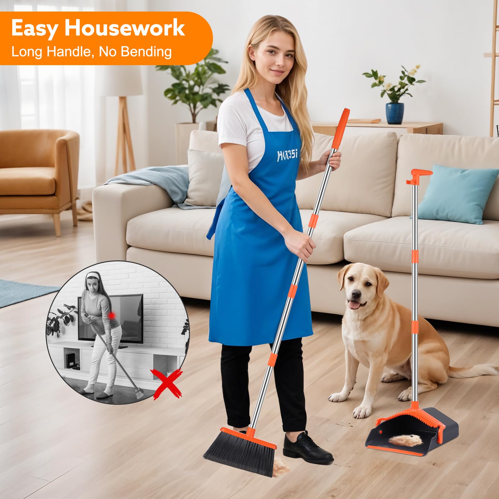 2-In-1 Besen und Kehrschaufel Set mit 130cm Verstellbarem Langem Stiel, Kehrblech mit Kammzähne Kehrbesen mit 2 Austauschbaren Besenköpfen Kehrset für Bodenreinigung