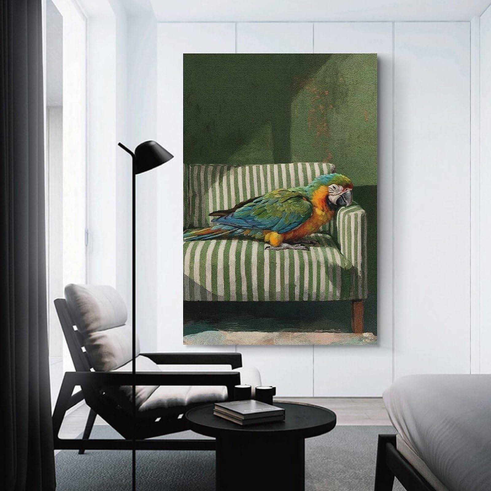Junmoney Parrot on Striped Couch Canvas Art Print 24x36inch(60x90cm), for New Homes, Bedrooms Or Workspaces, Gift Idea for Housewarming And Birthdays
