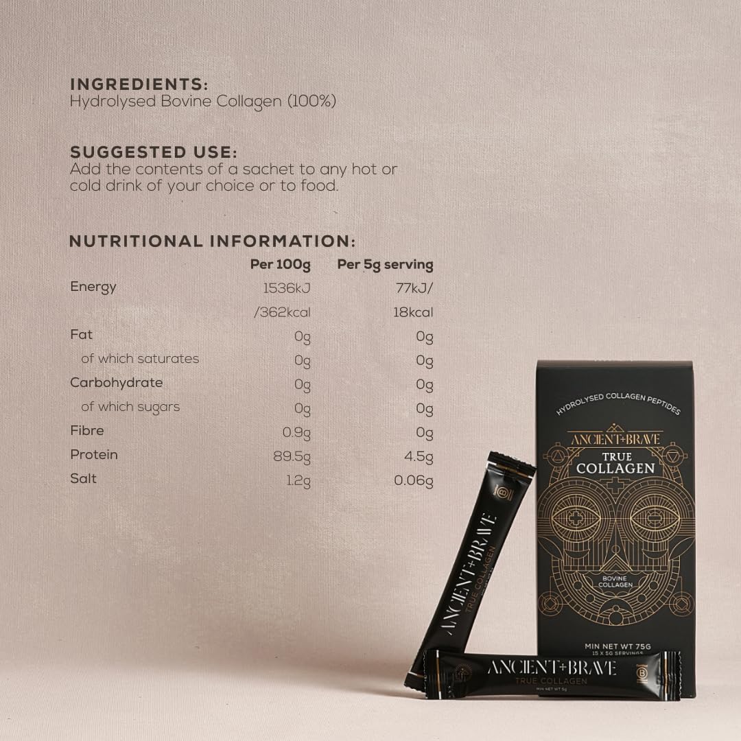 Ancient + Brave True Collagen 15 Bustine x 5g - Collagene Idrolizzato al 100% (Tipo 1) da Bovini Grass Fed - Peptidi di Collagene in Polvere ad Alto Contenuto Proteico - Certificato Halal e Koscher