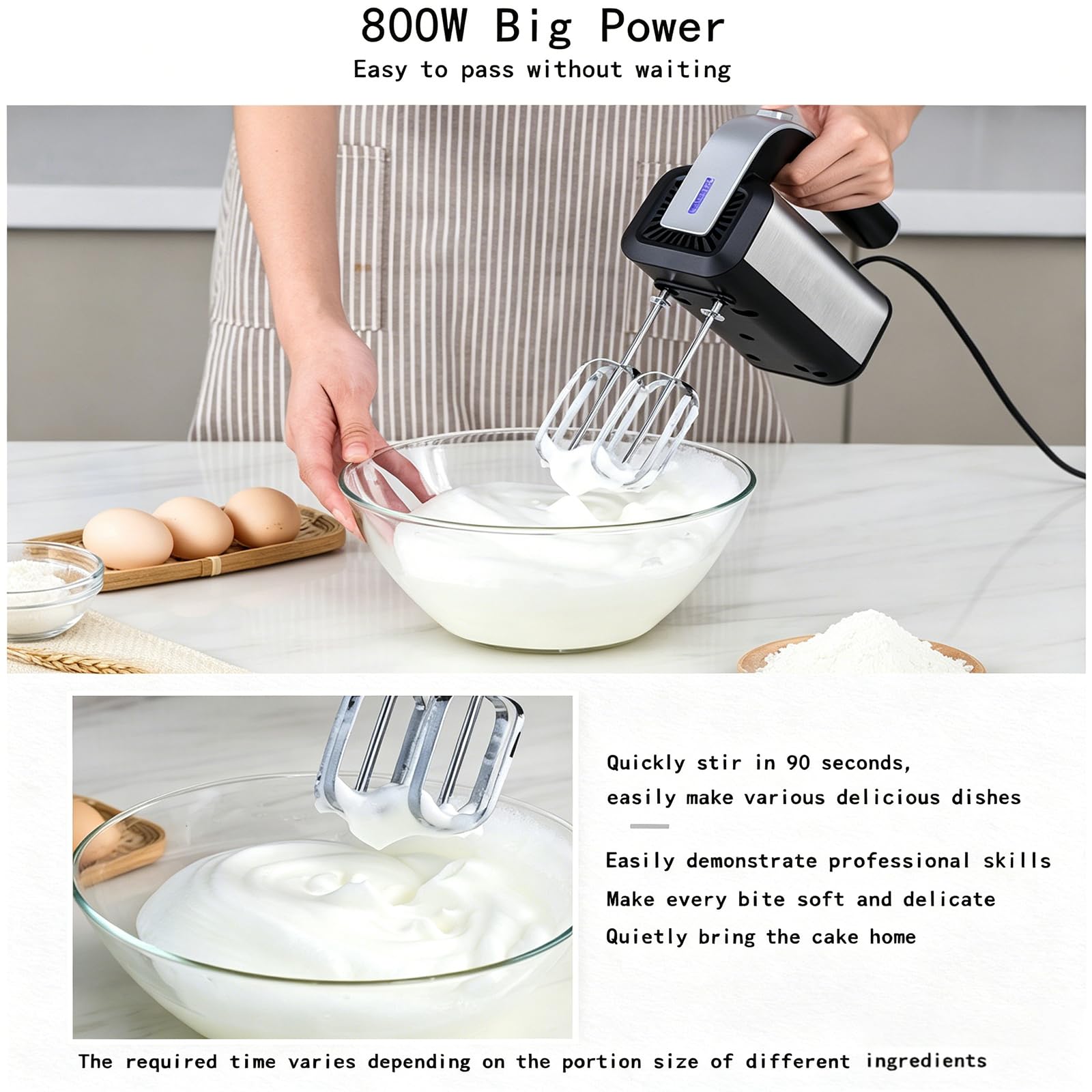 Frullatore a mano in acciaio inox da 800 W, frullatore da forno multiuso con fruste staccabili, frusta da cucina leggera per montare la panna e impastare la pasta, uso domestico per dolci