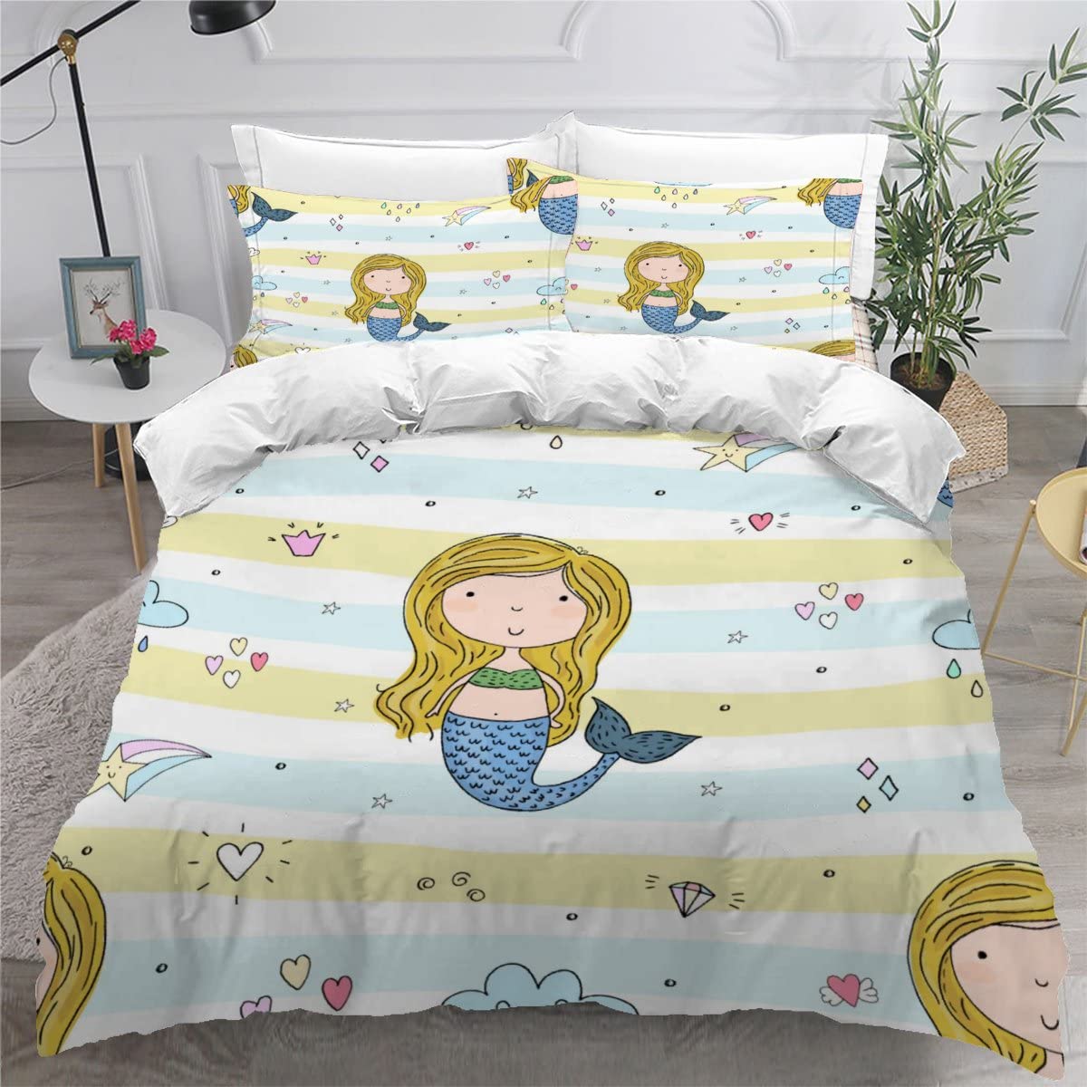 Linge de lit adulte sirène avec housse de couette 200x200 et taies d'oreiller