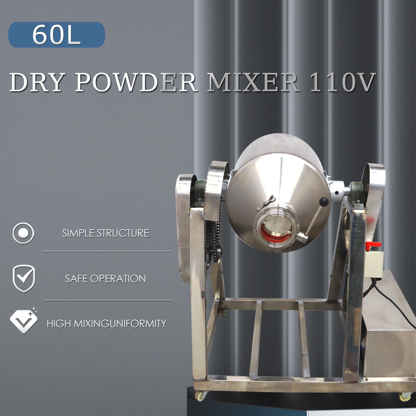 WYDDDARY Dry Powder Mixer 60L Powder Mixer Blender Machine 360°Rotation Stainless Steel Powder Mixing Machine Granule Food Powder Drum Mixer Machine 110V 2.2KW
