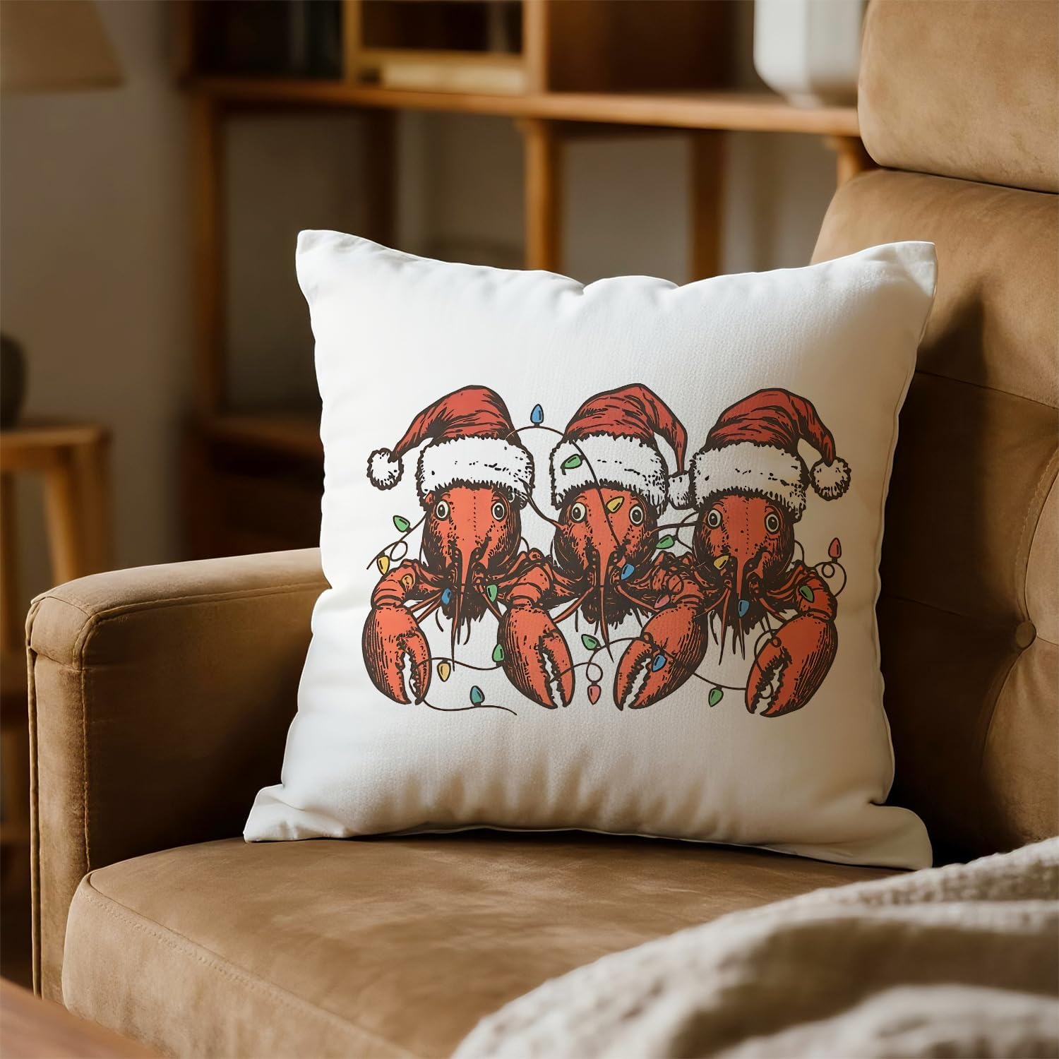 Christmas Beach Lobster Pillow Covers 18x18, Lobster Lover Gifts, Coastal Christmas Santa Hat Crawfish Decorative Throw Pillow Covers for Couch Sofa Bedroom Living Room Home