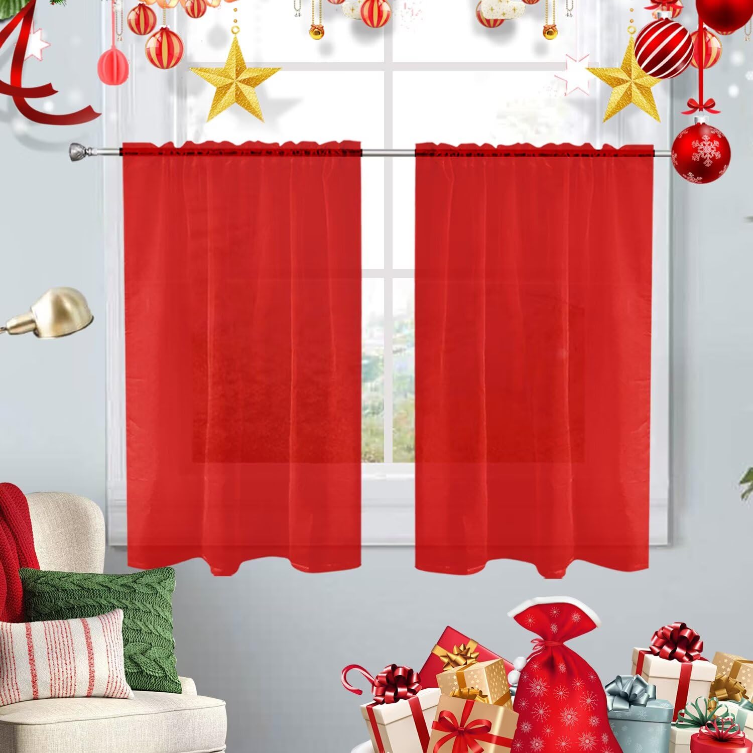 SpaceDresser Basic Rod Pocket Sheer Voile Window Curtain Panels Red 1 Pair 2 Panels 26 Width 30 Inch Long for Kitchen Bedroom Children Living Room Yard（Red，26Wx 30L） — image 1