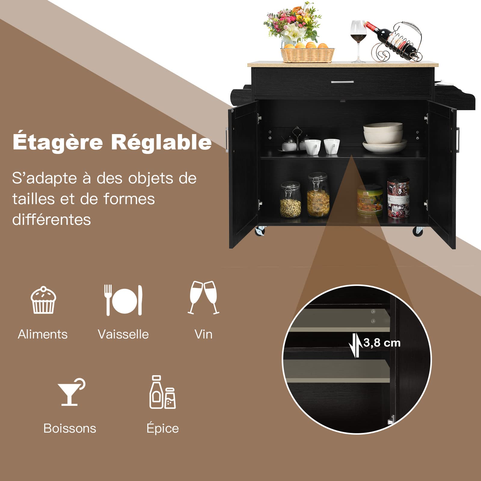 GOPLUS Desserte à roulettes avec Plan de Travail en Bois, 116x40x85CM, Desserte Cuisine avec Armoire à Étagère 2 Niveaux Réglables et Tiroir, Chariot de Service avec Porte-Serviettes Latéral, Cuisine