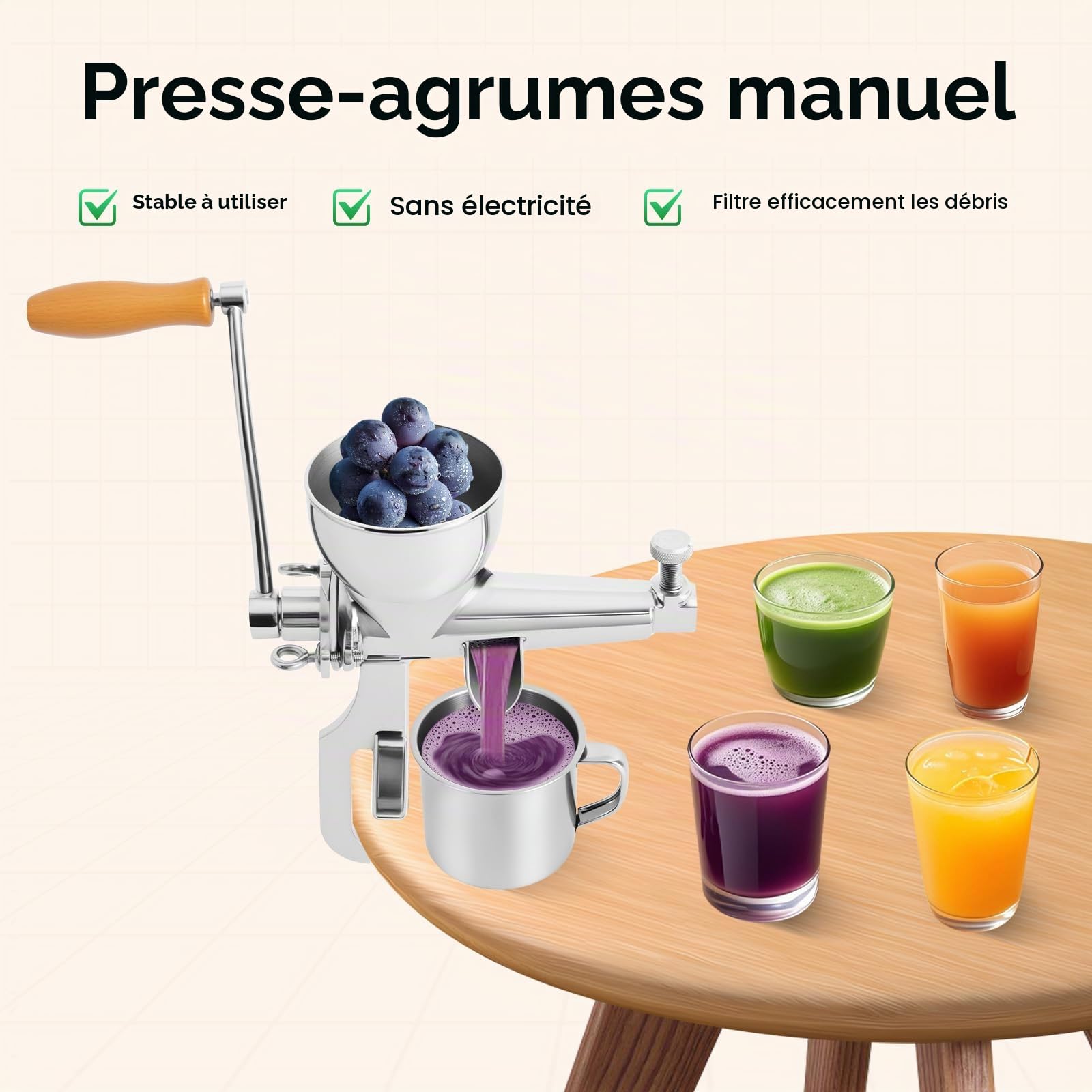Extracteur de jus, manuel, en acier inoxydable, 32 cm, professionnel, pour fruits, légumes, herbe de blé et légumes à feuilles, avec borne à vis, en acier inoxydable argenté