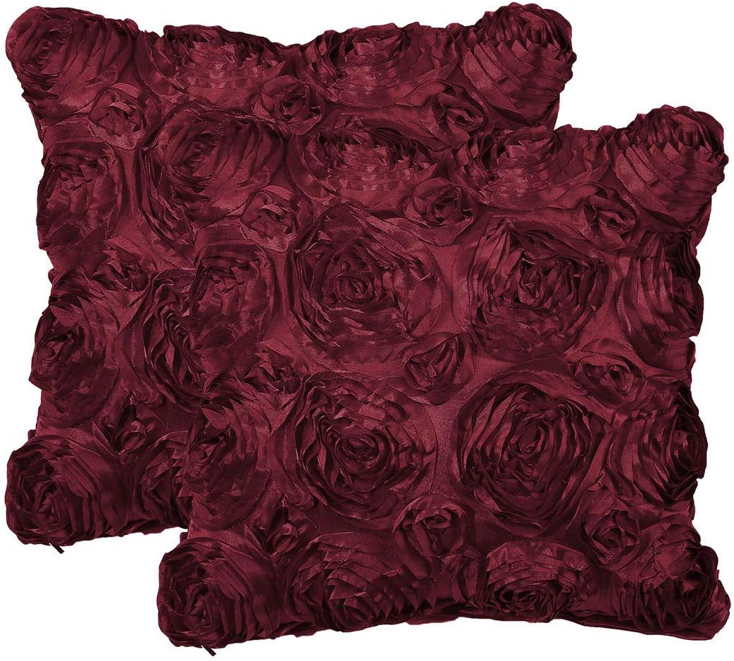 PiccoCasa Pack of 2 3D Stereo Satin Rose Cushion Covers, Decorative Throw Pillow Cases for Sofa Bedroom Car - 40x40cm/16x16in Square Pillow Covers with Zipper Red