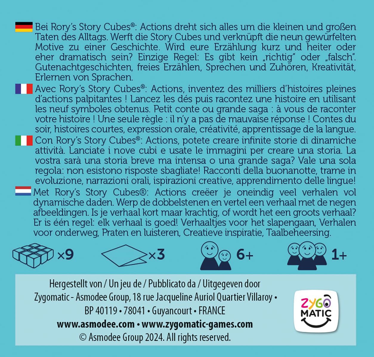 Zygomatic, Rory's Story Cubes Actions, gioco di dadi 1+ giocatore, 6+ anni, 20 minuti, tedesco, multilingue