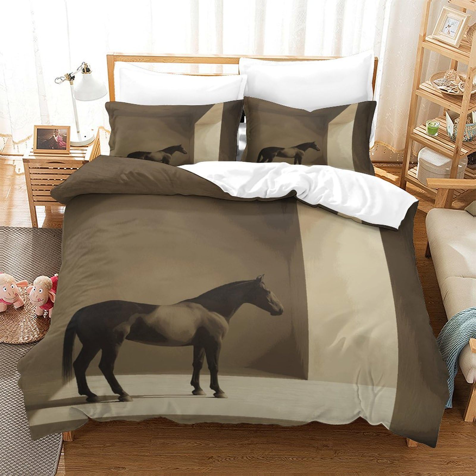 P1S9U7W5Y Nature Horse 3D Printed Microfiber 3 Piece Duvet Cover Set for Adults Teens Bedroom Decor Horse Bedding Set Soft Breathable All Season Gift Single（140x200cm）