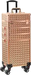 Estojo de trem com rodinhas 4 em 1 portátil para maquiagem organizador de cosméticos profissional estojo de viagem Trolley Cart Trunk, Ouro rosa, Central Hardside Mala expansível com rodas giratórias