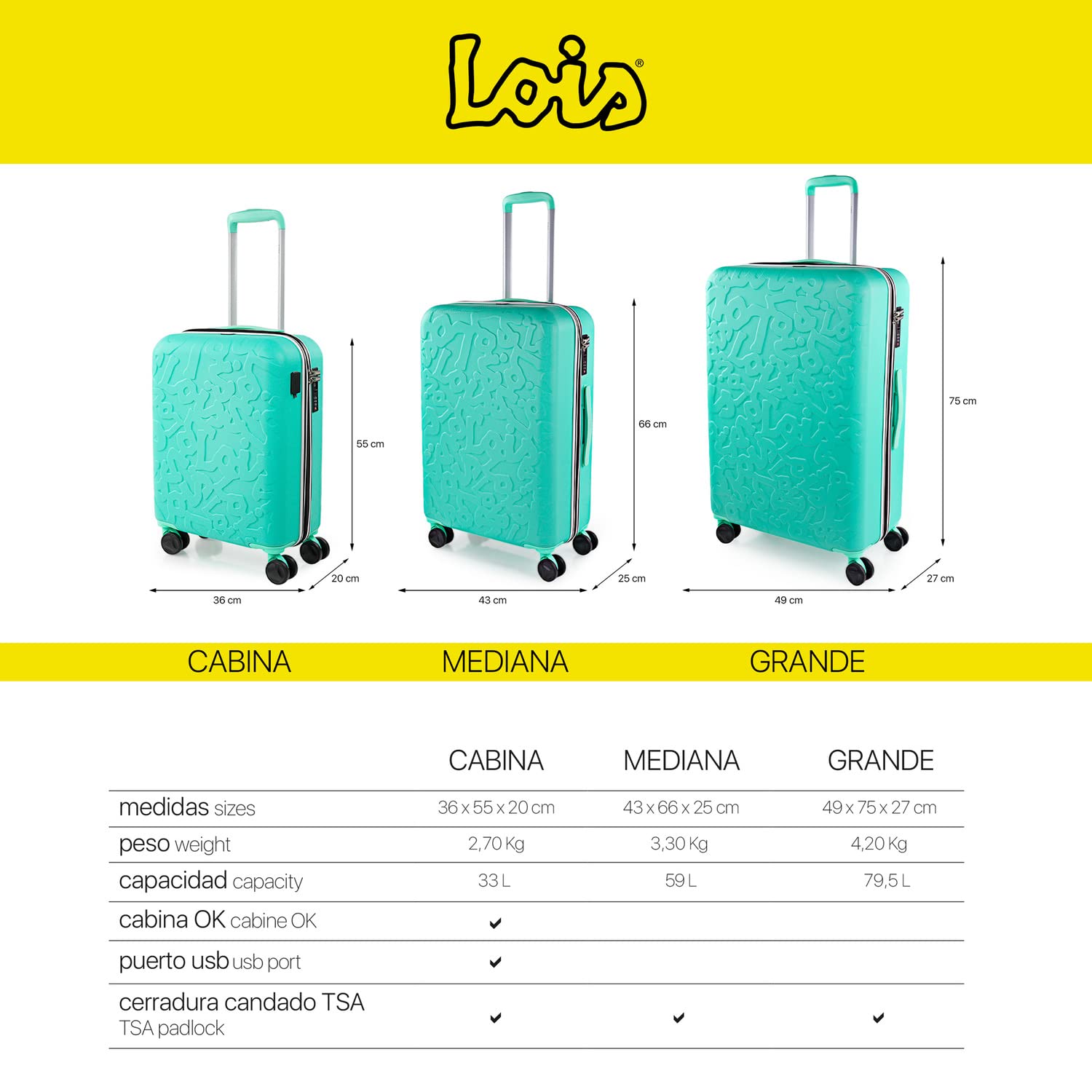 Lois - Maletas De Viaje rígidas Trolley con Candado de Combinación y 4 Doble Rueda 360° Set Maleta De Viaje Ligeras y Resistentes Extensible