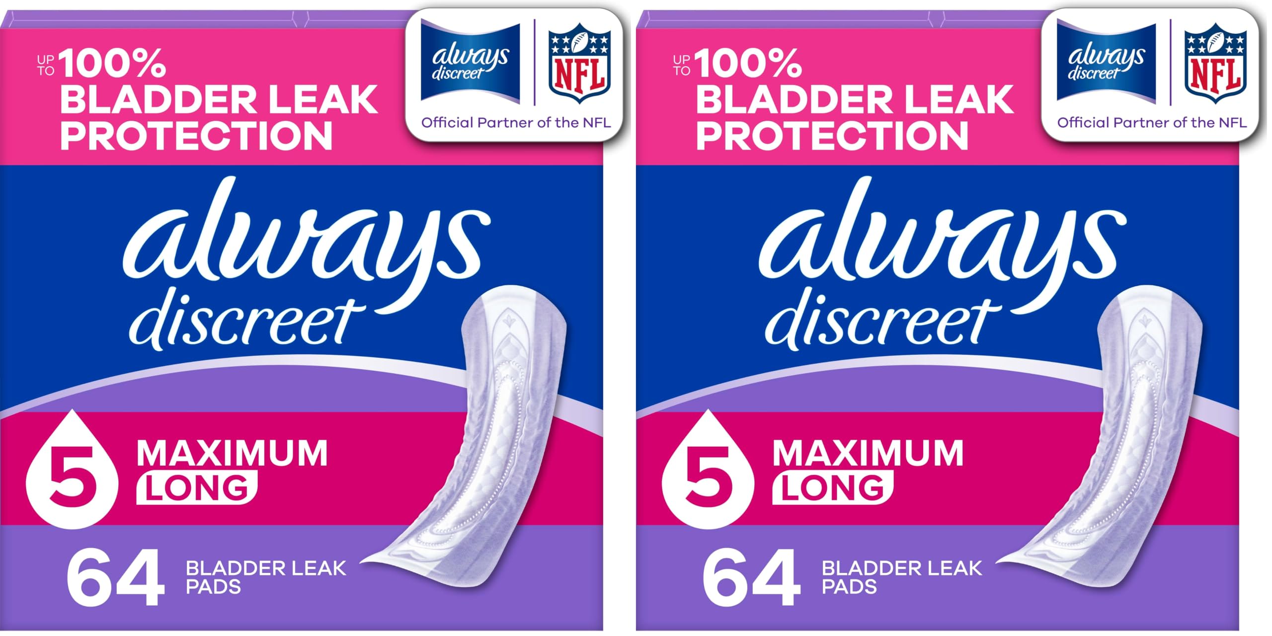 Always Discreet Adult Incontinence Pads for Women, Drier, 5 Drop Long Length, Heavy Absorbency, Pads for Bladder Control Management, Bladder Leaks, &amp; Postpartum-Pads, 64ct (Pack of 2)